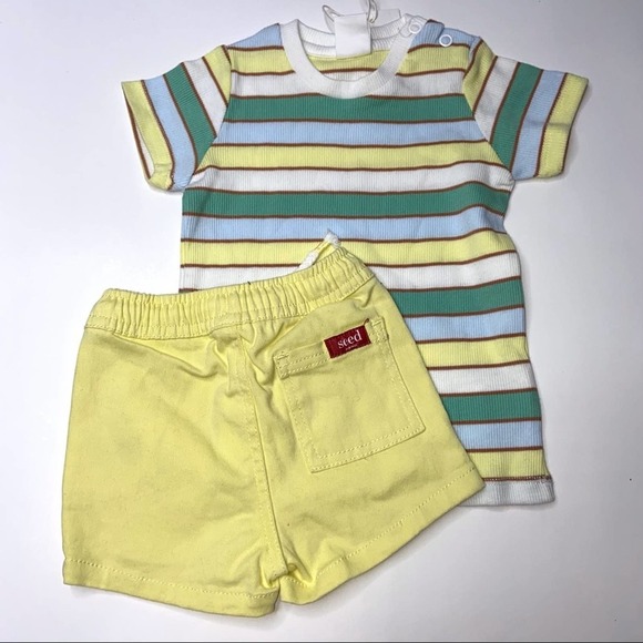 Infants NWT Seed Baby Outfit Mint And Yellow Stripe Shorts Set 0-3 M ~ - Picture 2 of 2